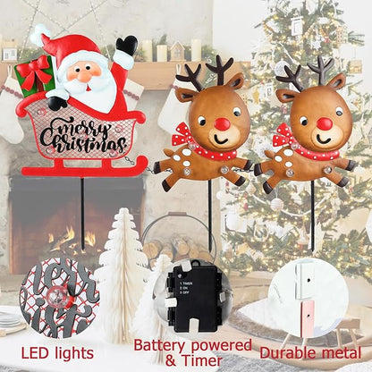 Christmas Yard Stakes Light Up Christmas Outdoor Decorations with LED Santa Claus Reindeers in Sleigh Lighted Metal Yard Stakes Xmas Garden Stake Lawn Pathway Outdoor Decoration