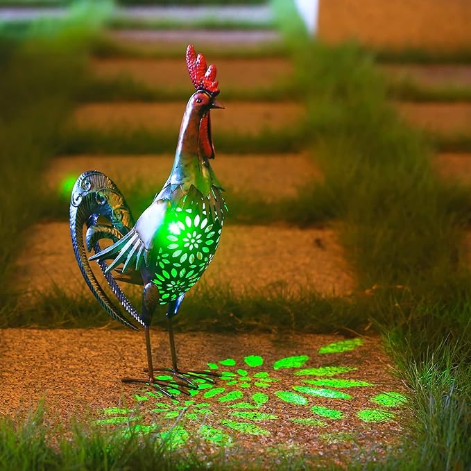 Solar Animal Lights Outdoor-18.2" Big Rooster Figurine Garden Decor with Metal Yard Art.Rooster Statue Light for Pathway Patio Backyard Decoration Lawn Ornaments