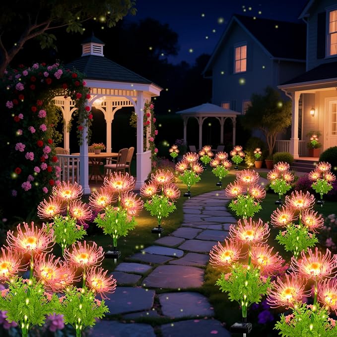 Solar Garden Flower Lights Outdoor, 4 Pack Pink Spider Lily Solar Lights with Glowing Stems, IP65 Waterproof LED Yard Decor for Patio Lawn Pathway, Mother's Day Valentine Gifts for Women Mom Grandma