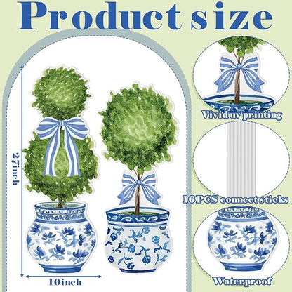 Lounsweer 4 Pcs Easter Chinoiserie Garden Stakes Decorations Hello Spring Blue and White Yard Signs Front Door Porch Decor for Farmhouse for Courtyard Patio Spring Lawn Holiday Outdoor Display