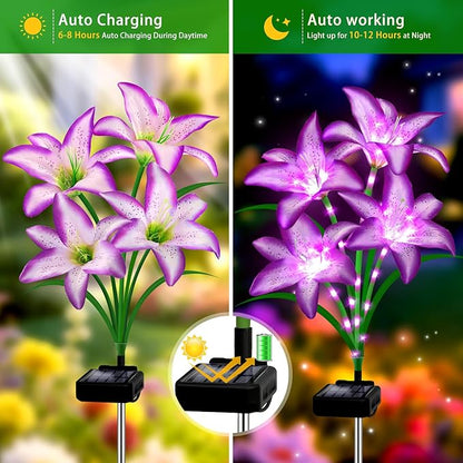 Solar Garden Lights 6 Pack 24 Purple Lily Flowers,Gifts for Mom Woman Birthday Outdoor Solar Flower Lights,Cemetery Flowers for Grave - Decorative Lilies for Yard, Patio, Pathway Decorations