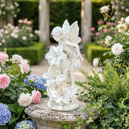 Angel Garden Statue Outdoor, Solar Powered Resin Garden Sculptures Fairy Angel Statues Waterproof LED Lights Yard Art Decorations for Outside Patio Lawn Ornament Gardening Gifts