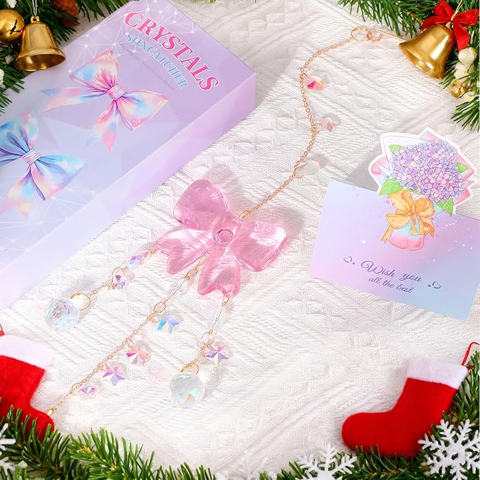 Crystal Suncatchers for Window Pink Bow Ornaments Hanging Clear Wind Chime with Chains for Garden Wedding Girls Mom Room Decor Xmas DIY Gift