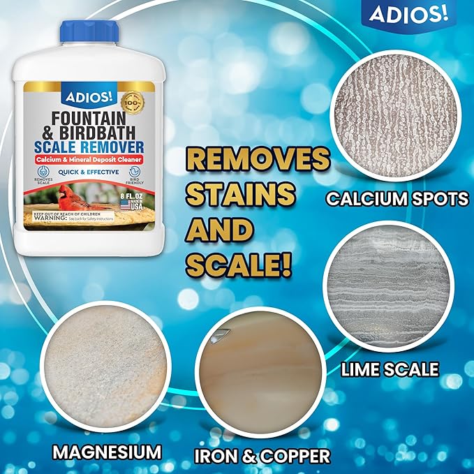 Adios! Fountain Scale Remover for Calcium, Lime and Hard Water Deposits on Bird Fountains, Baths and Water Features (8 oz)