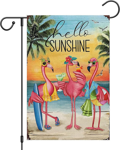 Heyfibro Flamingo Garden Flag Hello Sunshine Hawaii Tropical Beach Holiday Garden Flags 12x18 Double Sided Burlap Welcome Summer Tropical Ocean Sea Yard Flag for Seasonal Outdoor Party Decoration(ONLY