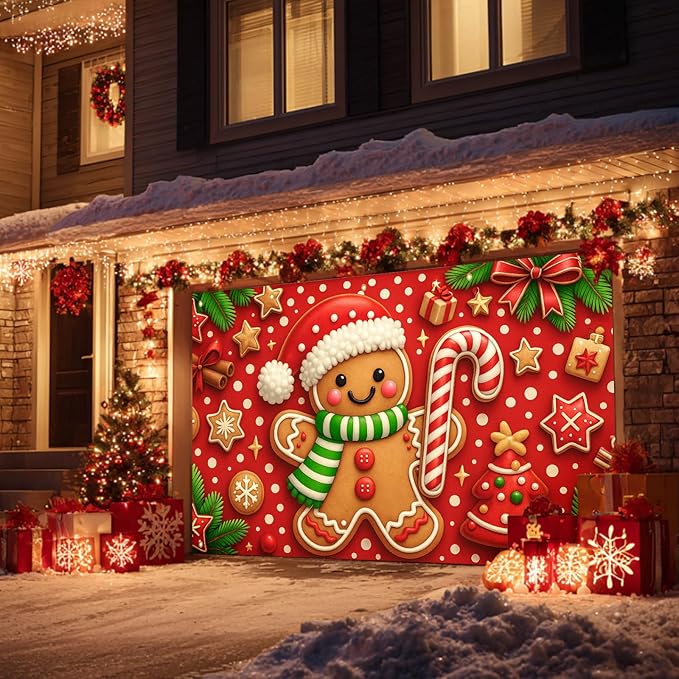 HOMETITUTE Christmas Door Banner 13x6ft Festive Gingerbread Man Red White Candy Cane Red Polka Dot Background Holiday Porch Decoration Winter Seasonal Merry Christmas Front Door Cover
