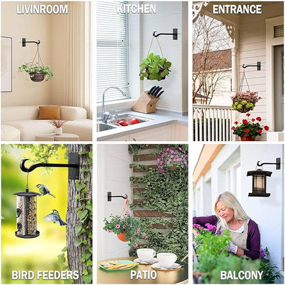 Qiang Ni Bird Feeder Hanger: 8-Inch Wall-Mounted Plant Bracket Outdoor - 2 Pieces Black Plant Hooks for Hanging Flower Baskets