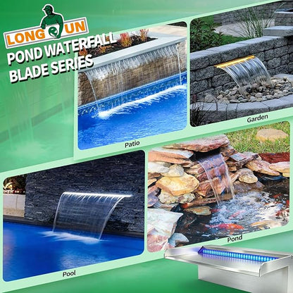LONGRUN with lid Stainless Steel Waterfall Spillway,APP Control Multi-Color LED Light Outdoor Pool Fountain,Water Spillway Koi Pond Waterfalls Fountains Kit for Garden Patio Swimming Pool-11.8"