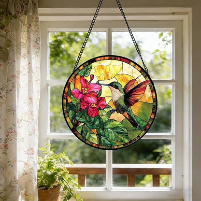 Stained Glass Suncatcher, Hummingbird Red Flowers Green Leaves Sun Catcher Stain Glass Window Hanging Decoration Mother's Day Birthday Gifts for Bird Lover Women Men Mom Nana 15 in