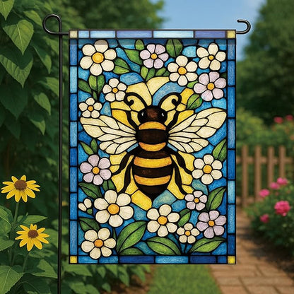 Spring Summer Garden Flag 12x18 Inch Stained Glass Bee Floral Art Nature Pollinator Design Outdoor Yard Porch Lawn Garden for Seasonal Cottage Farmhouse Home Decor