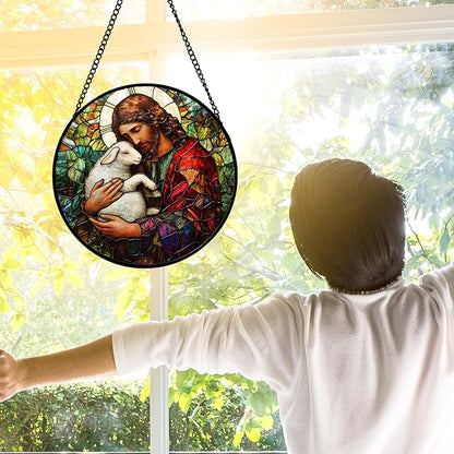DASTOLL Stained Glass Window Hanging, Jesus Little Lamb Sun Catchers Colorful Glass Panel Christianity Suncatcher Decor for Birthday for Women, Men, Wife, Aunt, and Mom 9.8 in