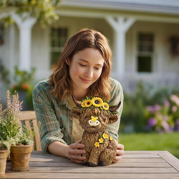 TISEJOY Highland Cow Decor 8", Highland Cow Statues for Garden Decor, Outdoor Indoor Table Desk Decor, Garden Statues for Patio Yard Lawn Windowsill and Backyard, Garden Gifts for Mom, Friends