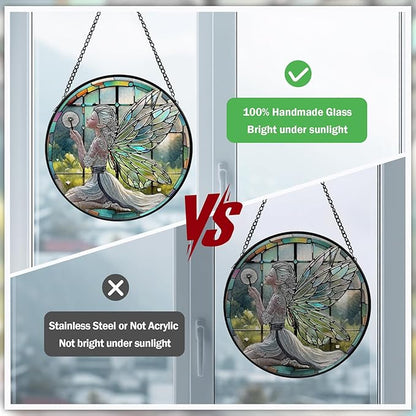Dandelion Fairy Stained Glass Window Hanging, Suncatcher Diamond Glass Panel Hangings, Sun Catchers Indoor Windows Wall Art, Gifts for Mom Grandma, Christmas Decor for Home Garden Office 7.87 inches
