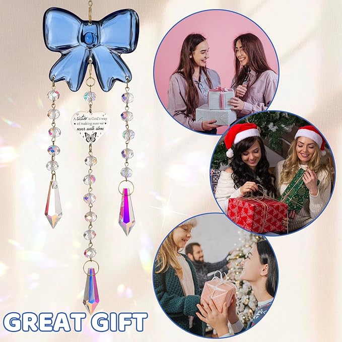 Crystal Sun Catchers Indoor Window,Bow Decor Sun Catcher for Sister Gifts with 3 Chains,Prism Rainbow Crystal Suncatcher for Hangings College Dorm Rooms Home Decoration Blue