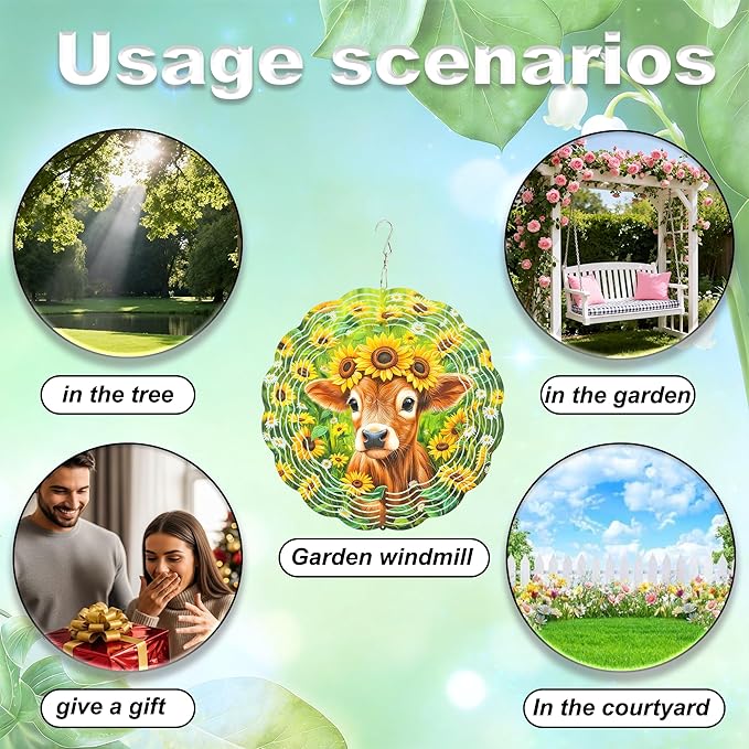 10x10 Inch Wind Spinner Outdoor Hanging Cute Calf Sunflower Daisy Meadow Metal Kinetic Spiral Ornament for Yard Garden Patio Porch Balcony Tree Window Decor Gift