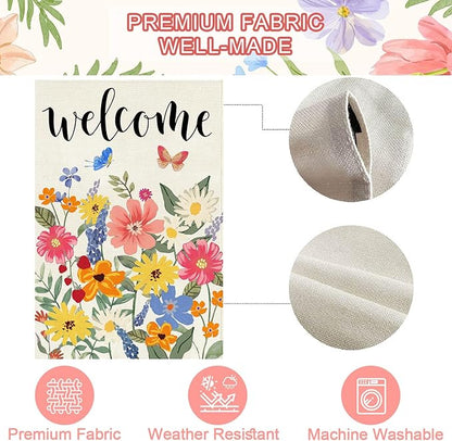 Baccessor Spring Summer Welcome House Flag Double Sided 28x40 Inch Burlap,Floral Butterflies Large Garden Flag Porch Patio Front Entry Yard Seasonal Farmhouse Outside Outdoor Decor