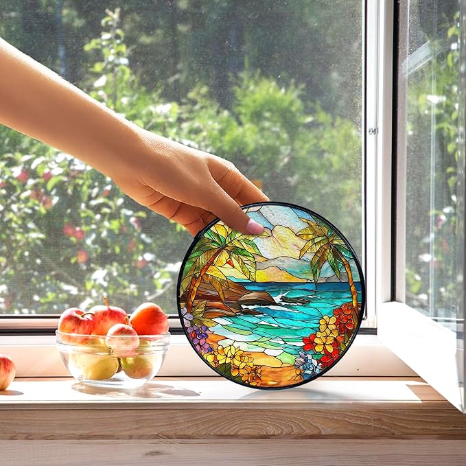 kdqua Tropical Beach Suncatcher Stained Glass Window Hanging, Coastal Ocean Beach Sun Catchers Indoor Window Glass Round Wall Decor, Beachy Wall Art Hanging Decorations Statues, 7.9x7.9in