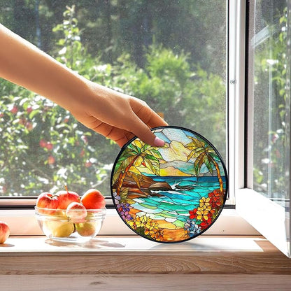 kdqua Tropical Beach Suncatcher Stained Glass Window Hanging, Coastal Ocean Beach Sun Catchers Indoor Window Glass Round Wall Decor, Beachy Wall Art Hanging Decorations Statues, 7.9x7.9in