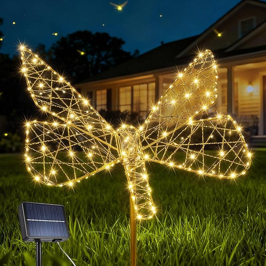 Lomotech Solar Garden Lights - 18" 240 Leds Foldable Outdoor Butterfly Garden Decor, Waterproof Larger Outdoor Solar Lights with Iron for Garden Patio Yard Lawn Pathway Decorations (Warm White)