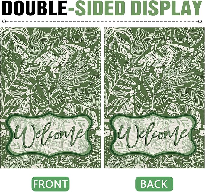 Dyrenson Welcome Green Leaves Decorative Garden Flag, Tropical Plant Monstera Botanical Yard Outside Home Decoration, Spring Summer Floral Burlap Outdoor Small Decor Double Sided 12 x 18