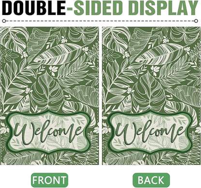 Dyrenson Welcome Green Leaves Decorative Garden Flag, Tropical Plant Monstera Botanical Yard Outside Home Decoration, Spring Summer Floral Burlap Outdoor Small Decor Double Sided 12 x 18