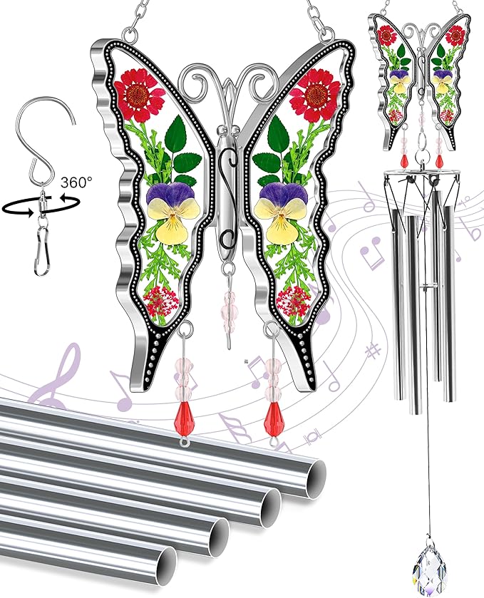 KY&BOSAM Gifts for Mom Butterfly Wind Chime for Outside with Crystal Sympathy Wind Spinner Memory Memorial Wind Chime for Loss of Loved One Mother Condolence Gift Home Outdoor Garden Patio Decor