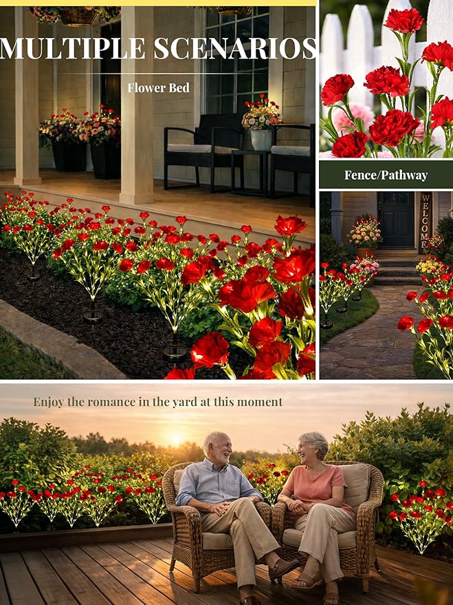 GIGALUMI Solar Lights Outdoor for Garden Decor, 2 Pack Solar Flower Lights Waterproof, 2 Lighting Modes 14 Carnations for Pathway,Yard, Patio Decoration, Gardening Gifts for Women (Red)