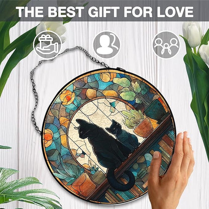 Black Cat Book Lovers Stained Glass Window Hanging, Book Lovers Reader Gifts Suncatchers Sun Catchers Indoor Window Glass Wall Art Decorations, Black Cat Gifts for Women, 7.9x7.9in, Patio