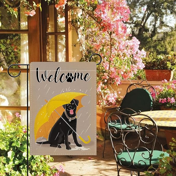 Dyrenson Welcome Black Labrador Dog Decorative Garden Flag, Yellow Umbrella Rainy Yard Outside Home Decoration Pet Lover Gift, Paw Print Seasonal Burlap Outdoor Small Decor Double Sided 12 x 18