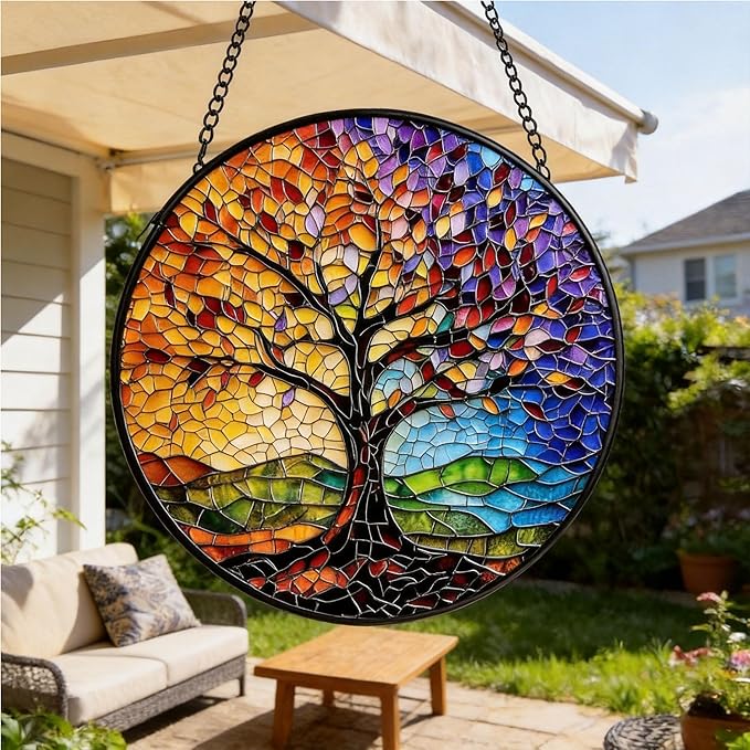 Sun Catcher Stain Glass,Colorful Tree of Life Suncatcher Stained Glass Decor for Window Hanging, Gardening Gifts for Women with 6.3 Inch