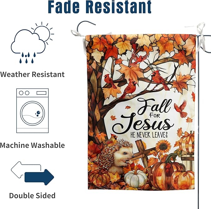 Stained Glass Autumn House Flag Fall for Jesus He Never Leaves Banner Religious Thanksgiving Pumpkin Yard Signs 28x40 Double Sided Outside Halloween Cardinal Garden Decor Outdoor