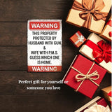 Funny No Trespassing Sign, Metal Warning Tin Signs, this Property Protected by Husband with Gun, Yard Sign Garage Farm Garden Wall Decor Sign Plaque Outdoor for Home Fence 8 X 12 Inches