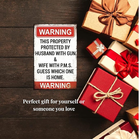 Funny No Trespassing Sign, Metal Warning Tin Signs, this Property Protected by Husband with Gun, Yard Sign Garage Farm Garden Wall Decor Sign Plaque Outdoor for Home Fence 8 X 12 Inches