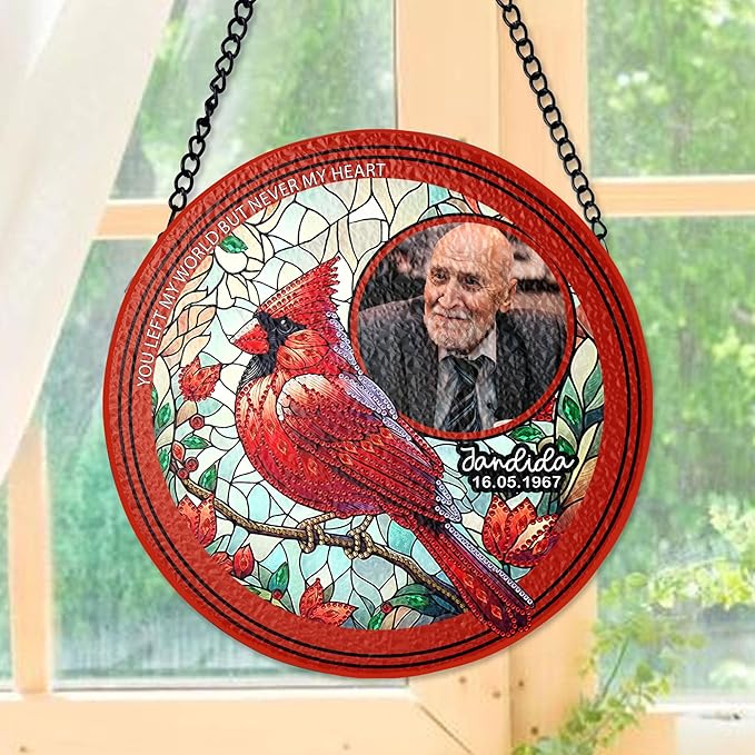 NAZENTI Custom Memorial Photo Gift for Dad, Personalized Stained Glass Window Hanging Suncatcher with Name, Keepsake and Remembrance, Sympathy in Memory of Loved One Gifts