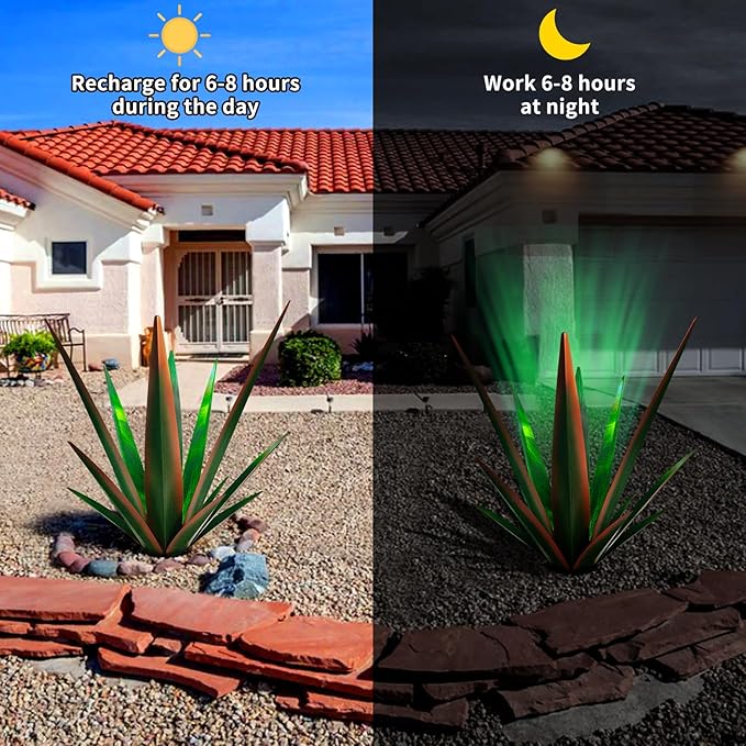 KODIBO Large Tequila Rustic Sculpture, Rustic Metal Agave Plants for Outdoor Patio Yard, Home Decor Hand Painted Metal Agave Garden Yard Statue, Outdoor Lawn Ornaments (Green - L (W/Solar Light))