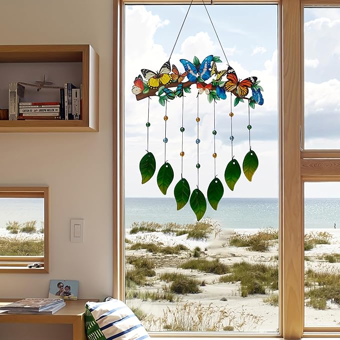 Butterfly Wind Chimes Outdoor - Colorful Metal & Glass Leaves Hanging Decor for Garden, Yard, Porch