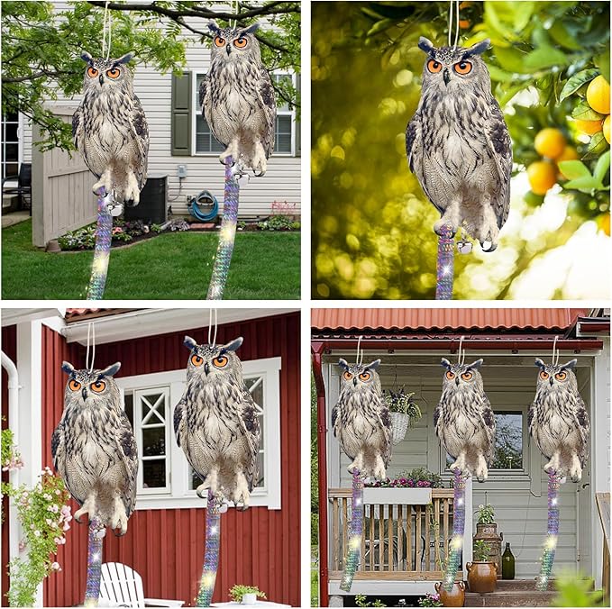 4PCS Hanging Effective Fake Owl Control Device Dual-Side Outdoors Owl with Reflective Tape for Patio Yard Outdoor Front Porch Backyard Windows