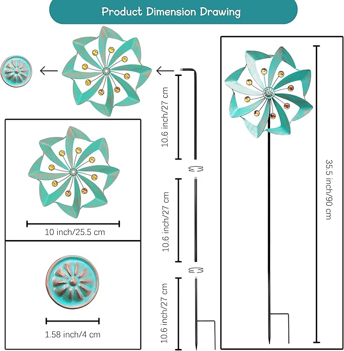 360° Outdoor Wind Spinner, Wind Sculpture Spinner with Metal Stake, Yard Art Decor for Patio, Lawn & Garden (Green Copper)