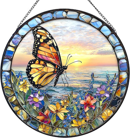 7.87" Butterfly Stained Glass Window Hanging, Sun Catcher with Metal Chain and Hook, Butterfly Ornaments Gifts for Women Men, Christmas Home Decorations Floral Themed Housewarming Gifts