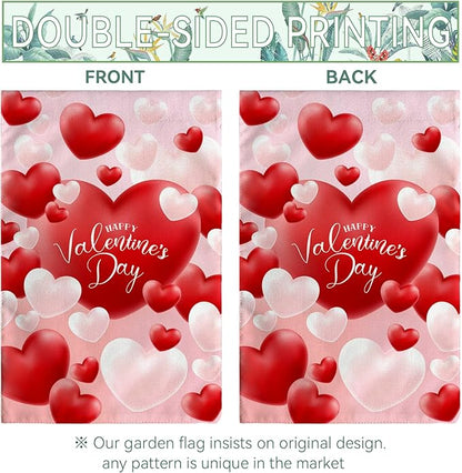 Happy Valentine's Day Garden Flag Red And White Love Hearts Yard Flag 12 x 18 Inch Love Combination Valentine Garden Flags Double Sided Polyester Vertical House Banner for Holiday Wedding