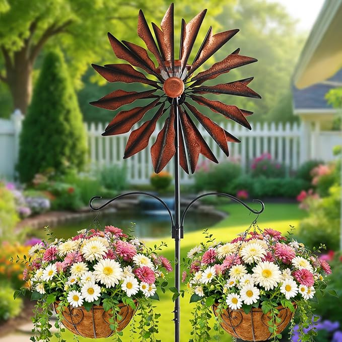 Yard Garden Wind Spinners - Large Outdoor Metal Wind Spinners with Stake, Yard Art Lawn Garden Decor Bronze-Colored Blade Rotator (25.5" W x 95" H)