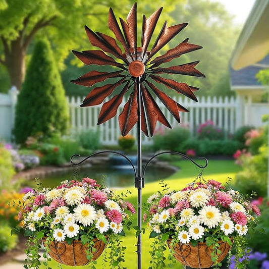 Yard Garden Wind Spinners - Large Outdoor Metal Wind Spinners with Stake, Yard Art Lawn Garden Decor Bronze-Colored Blade Rotator (25.5" W x 95" H)