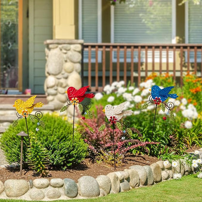 4 Pack Decorative Garden Stakes - 14.2" Metal Flowers for Outside & Metal Yard Art Outdoor and Garden, Rust-Resistant Shaking-Head Bird Lawn Ornaments for Patio - Gift for Gardeners