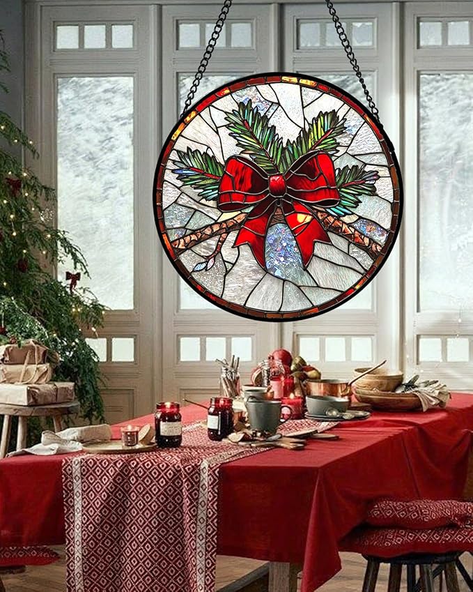 DASTOLL Stained Glass Window Hanging - Pine Branches Red Bow Suncatcher for Doors Home Christmas Decoration Silver Sun Catcher Thanksgiving New Year Birthday Gifts for Women Men Mom Nana 6.3 in