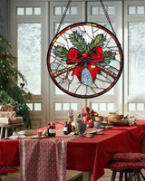 DASTOLL Stained Glass Window Hanging - Pine Branches Red Bow Suncatcher for Doors Home Christmas Decoration Silver Sun Catcher Thanksgiving New Year Birthday Gifts for Women Men Mom Nana 6.3 in