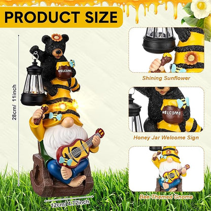 Gerrii Bee Gnome Solar Statue with LED Lantern Spring Garden Outdoor Resin Figurine Gifts for Women Mom Weatherproof Stacked Bear Bee Gnome Light Ornament for Porch Patio Lawn Entryway Welcome