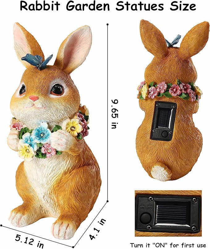Solar Garden Statues Outdoor Bunny Decorations with Butterfly & Flowers for Mom, Grandma Spring Decor with 6 LED Night Accent Lights for Patio, Yard & Lawn, Christmas Day Figurine