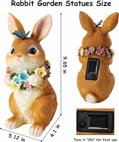 Solar Garden Statues Outdoor Bunny Decorations with Butterfly & Flowers for Mom, Grandma Spring Decor with 6 LED Night Accent Lights for Patio, Yard & Lawn, Christmas Day Figurine