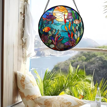 Stained Glass Window Hanging - Blue Ocean World Small Fish Coral Sun Catcher for Door Garden Home Decor Sea Suncatcher Christmas Mother's Day Birthday Gifts for Women Men Mom Nana 7.8 in