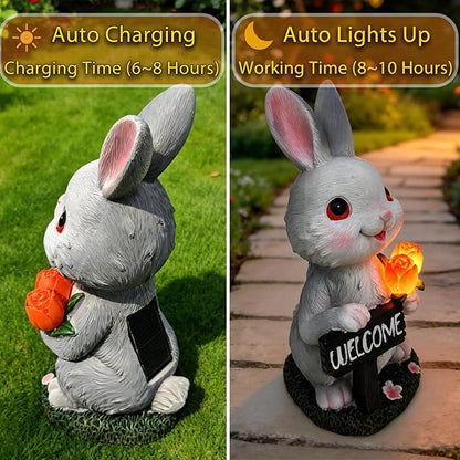 Solar Garden Outdoor Statues Lights Rabbit Garden Sculptures Birthday Housewarming Bunny Gifts for Women Mom Grandma for Patio Yard Lawn Backyard Decorations